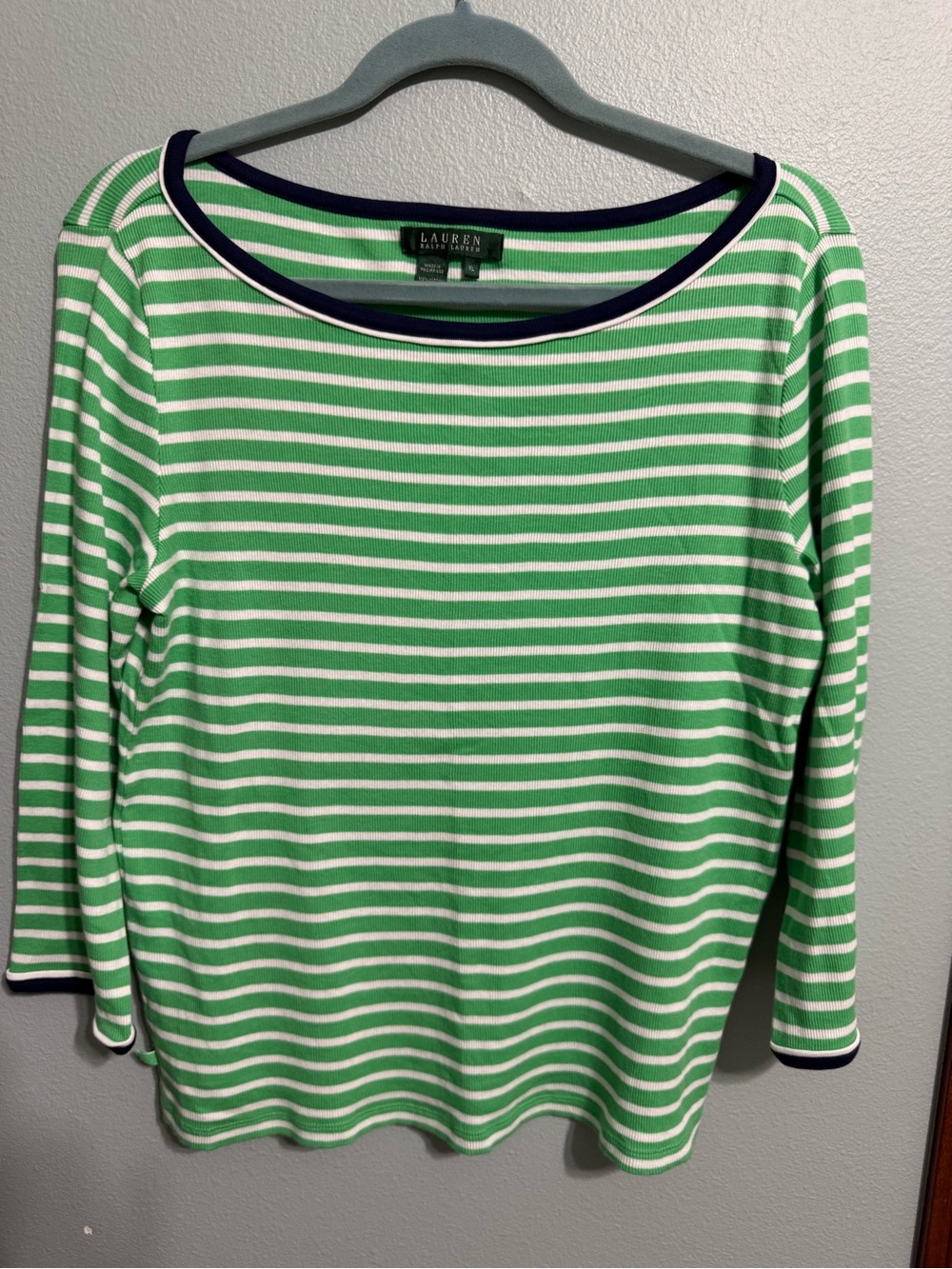 Ralph Lauren Green & White Striped Boatneck Long Sleeve Top with Navy Trim